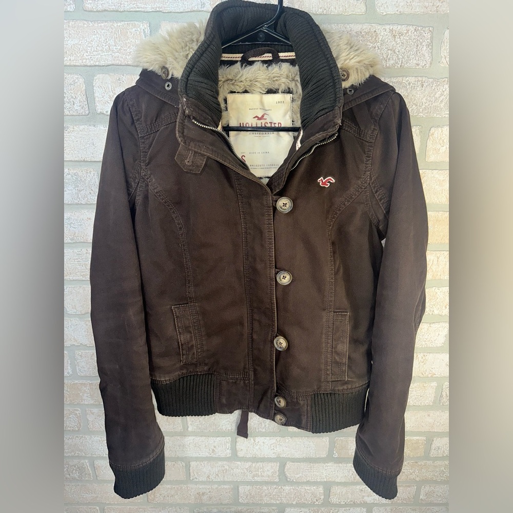 Vintage Y2K Hollister Dark Brown Bomber Jacket Faux Fur Lined Hood Size S - 0375